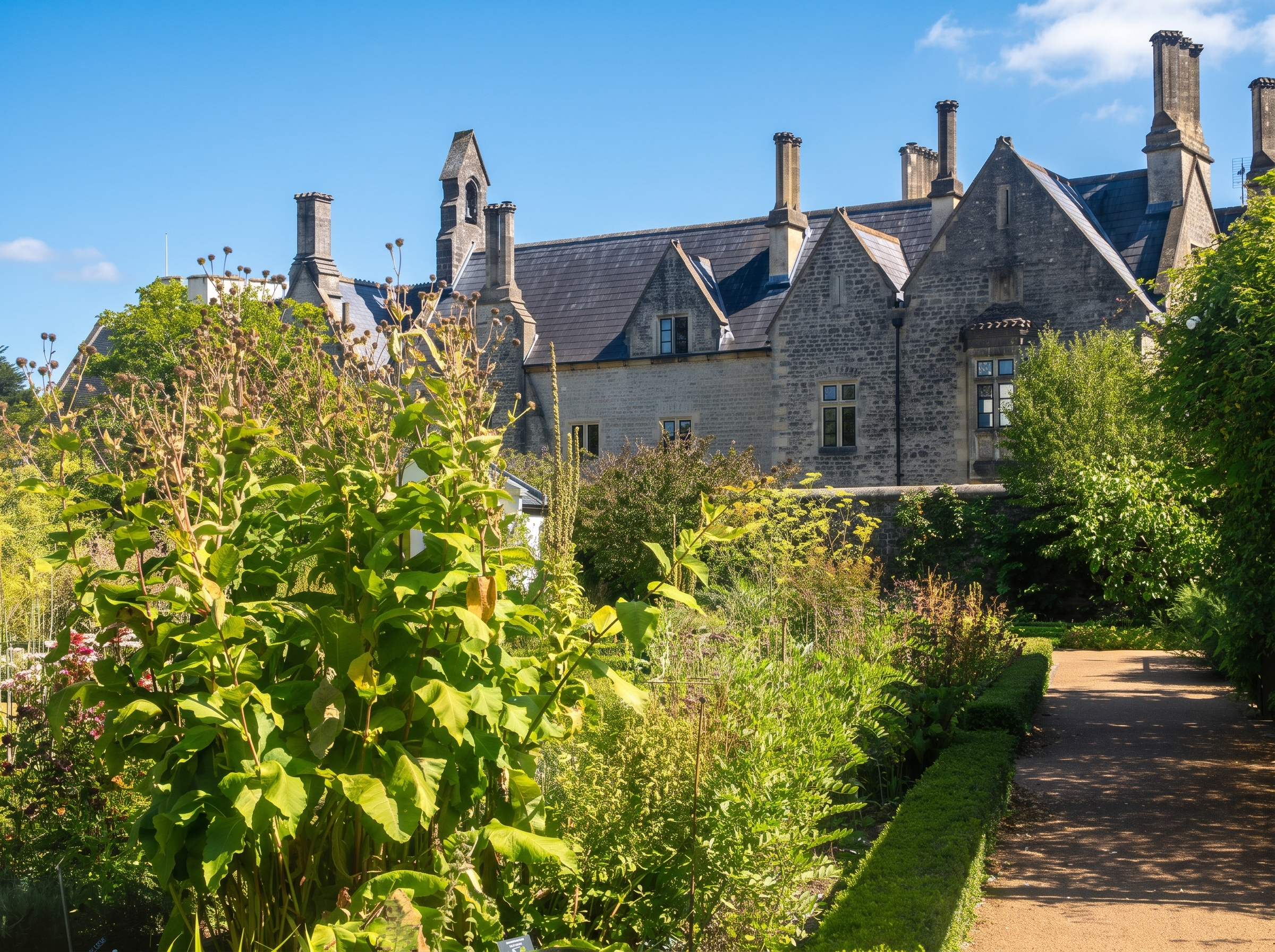 Stone buildings and planted borders at Cowbridge Physic Garden