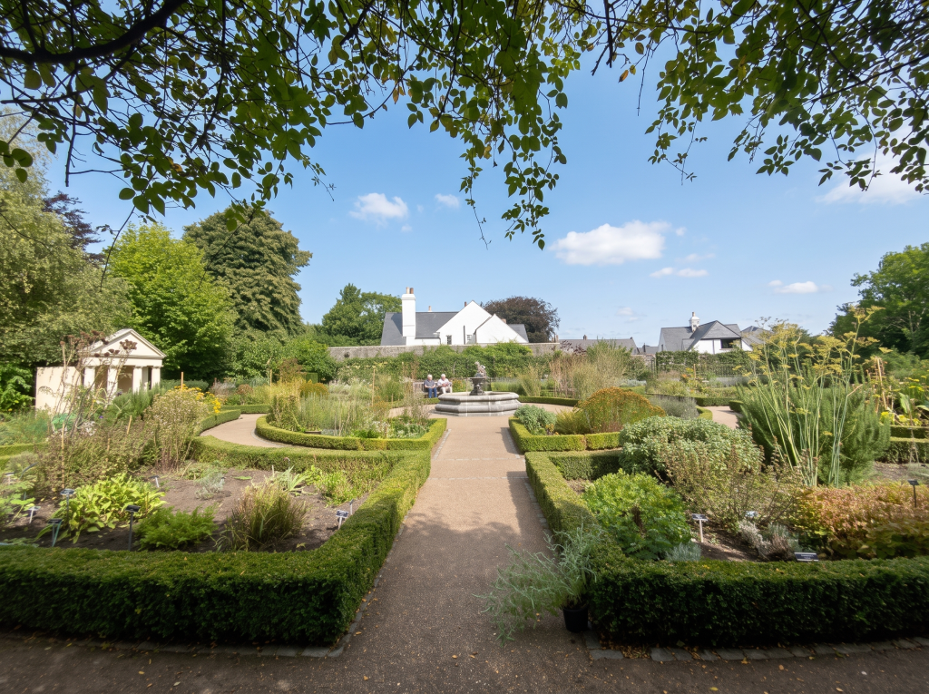 Cowbridge Physic Garden in summer, with the town beyond the wall