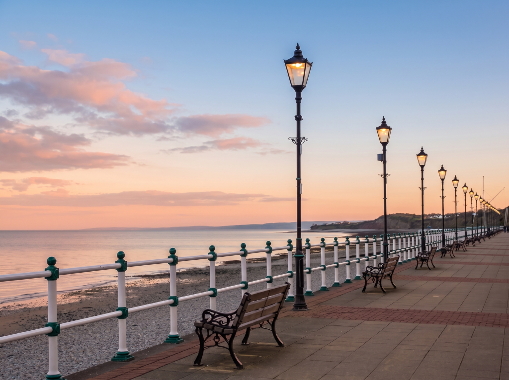 Penarth Esplanade railings and lamp posts at sunset