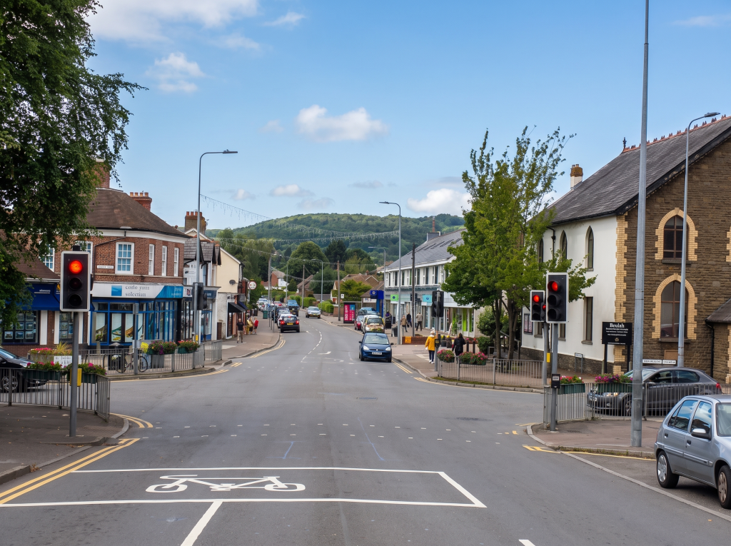 Shops and cafes on the village high street in Rhiwbina, Cardiff