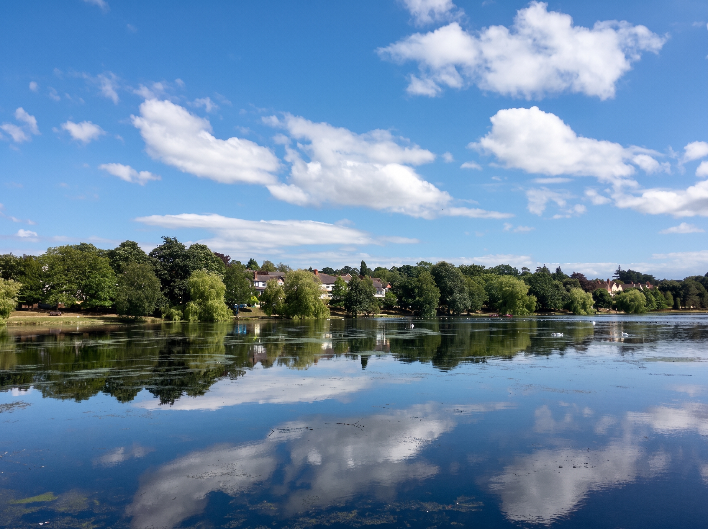 Roath Park Lake, Cardiff, with trees reflected in still water